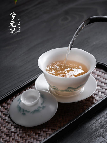 Brew Tea Jade Gaiwan 165ml 5.8oz Kungfu Tea Set White Porcelain Tea Bowl