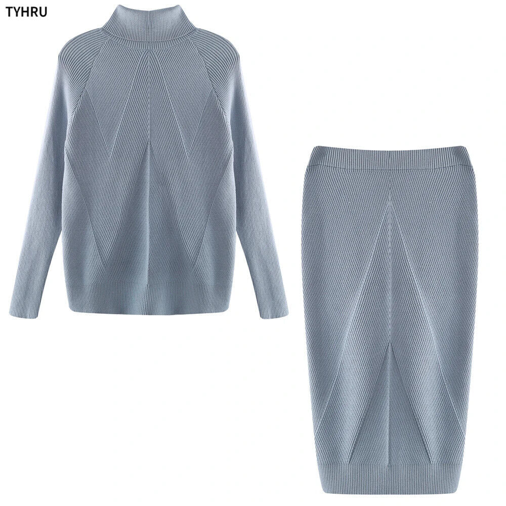 Autumn Women's Turtleneck Pullover Sweater + Slim Skirt Two-Piece Set