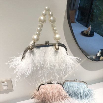 Small Feather Handbag Party Purse Elegant White Pearl Chain Shoulder Bag 22*20*4