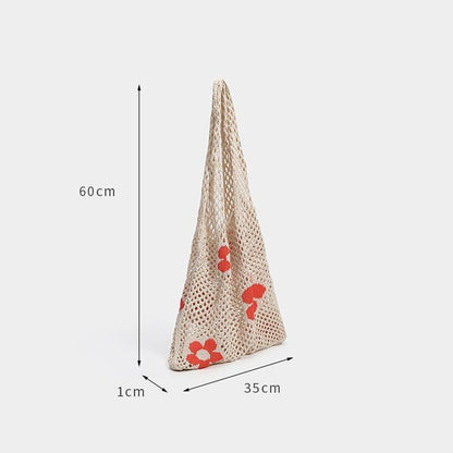 Summer Flower Handbag Knitted Shoulder Bag Large Shopping Woven Hollow Beach Bag