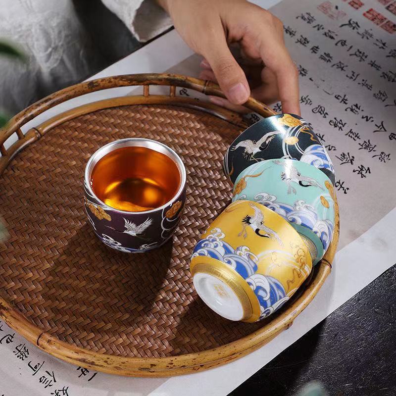 Ceramic Tea Cup Sterling Silver Master Cup Crane Print Chinese Kungfu Cup Of Tea