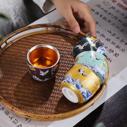 Ceramic Tea Cup Sterling Silver Master Cup Crane Print Chinese Kungfu Cup Of Tea