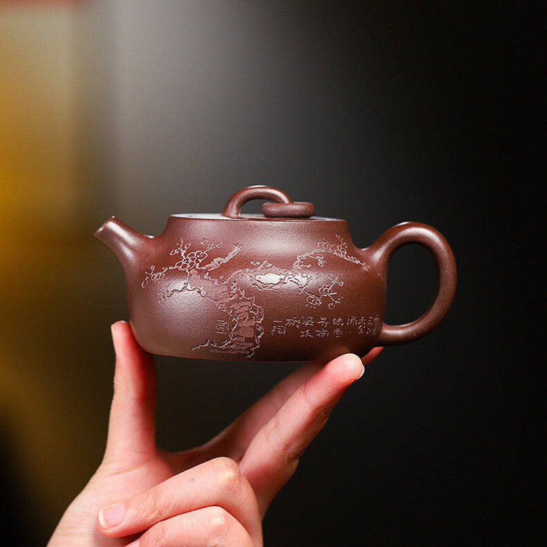 6.8oz China Marked Tea Pot 7 Infuser Holes Hand Carved Flower Plum Master Zisha