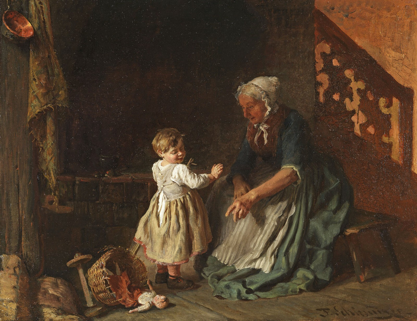 Free shipping Oil painting Felix Schlesinger grandmother woman baby child doll