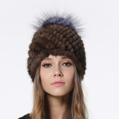Winter Mink Fur Hats Beanies Women Real Silver Fox Fur Ball Caps Knitting Liner