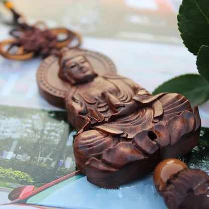 Car Hanging Pendant Wood Carving Red Chinese Kwan Yin Buddha Statue Sculpture