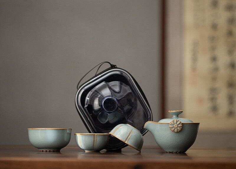 On Sales Travelling Tea Set With Bag Crackle Glaze Porcelain Tea Pot Cup Ruyao