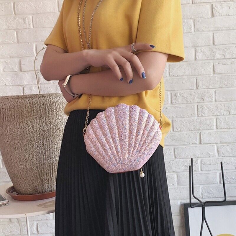 Women Girls Little Mermaid Seashell Purse -Body Shoulder Bags Sequins Chain Puf