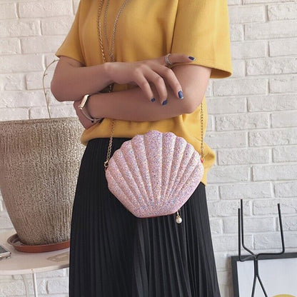 Women Girls Little Mermaid Seashell Purse -Body Shoulder Bags Sequins Chain Puf