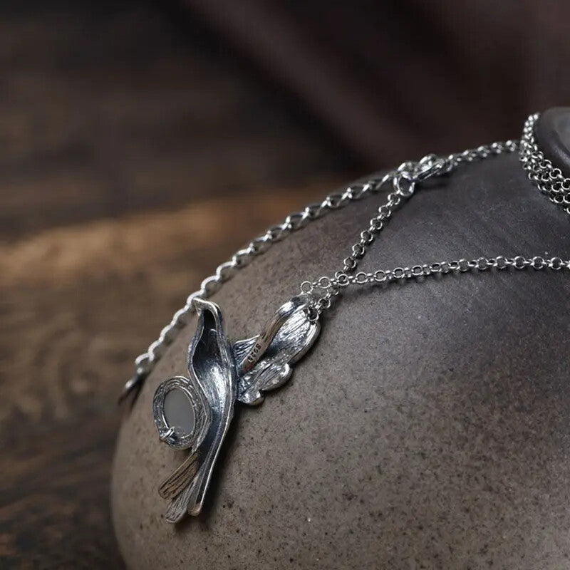 Burnt Blue Magpie Pendant with Natural Stone Necklace -