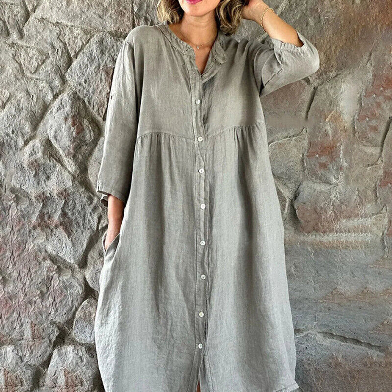 Womens Cotton Linen Shirt Dress Loose Button Up Casual Baggy Long Tops Tunic
