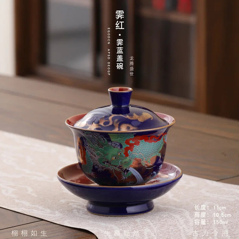 Ceramic Sancai Gaiwan Single Tea Bowl Blue Glaze Large Size with Lid Household