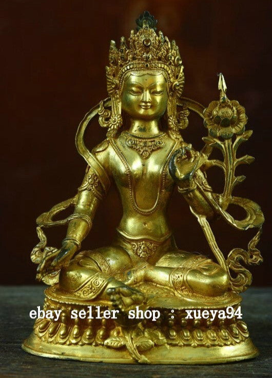 9.2" Old Tibet Bronze Gilt Green Tara Kwan-yin Guan Yin Goddess Buddha Statue