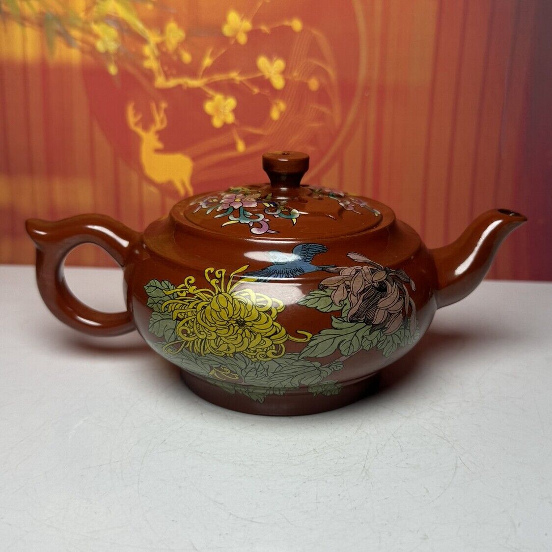 Chinese Yixing Purple Clay Teapot Zisha Ceramic Enamel Flower Bird Tea Set Nice