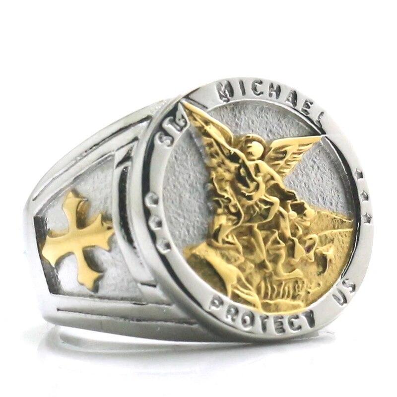 Stainless Steel Catholic Cross Men Ring Saint Michael Protect Band Signet Ring