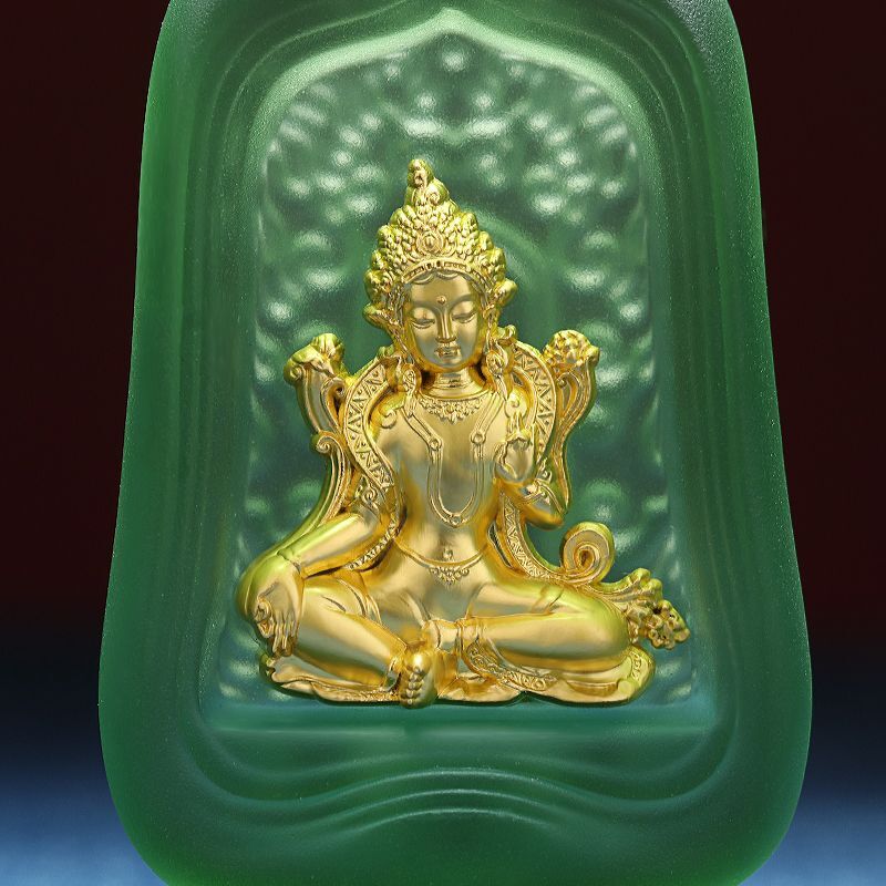 5CM Colored Glass Buddhist Pendant Green Tara Buddha Statue Pendant Necklace