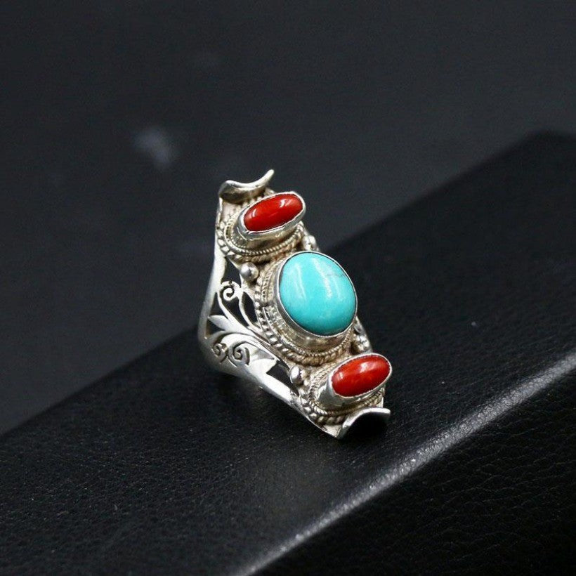 Nepal Handmade Turquoise Ring Open Saddle Band Retro Ethnic Unisex Jewelry