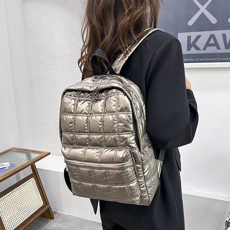 Plaid Backpack Light Casual Bags Women School Back Bags 27*38*10 CM Silver/Gold
