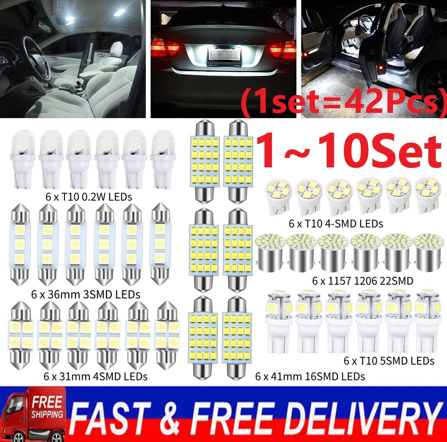 42PCS Car Interior Combo LED Map Dome Door Trunk License Plate Light Bulbs White