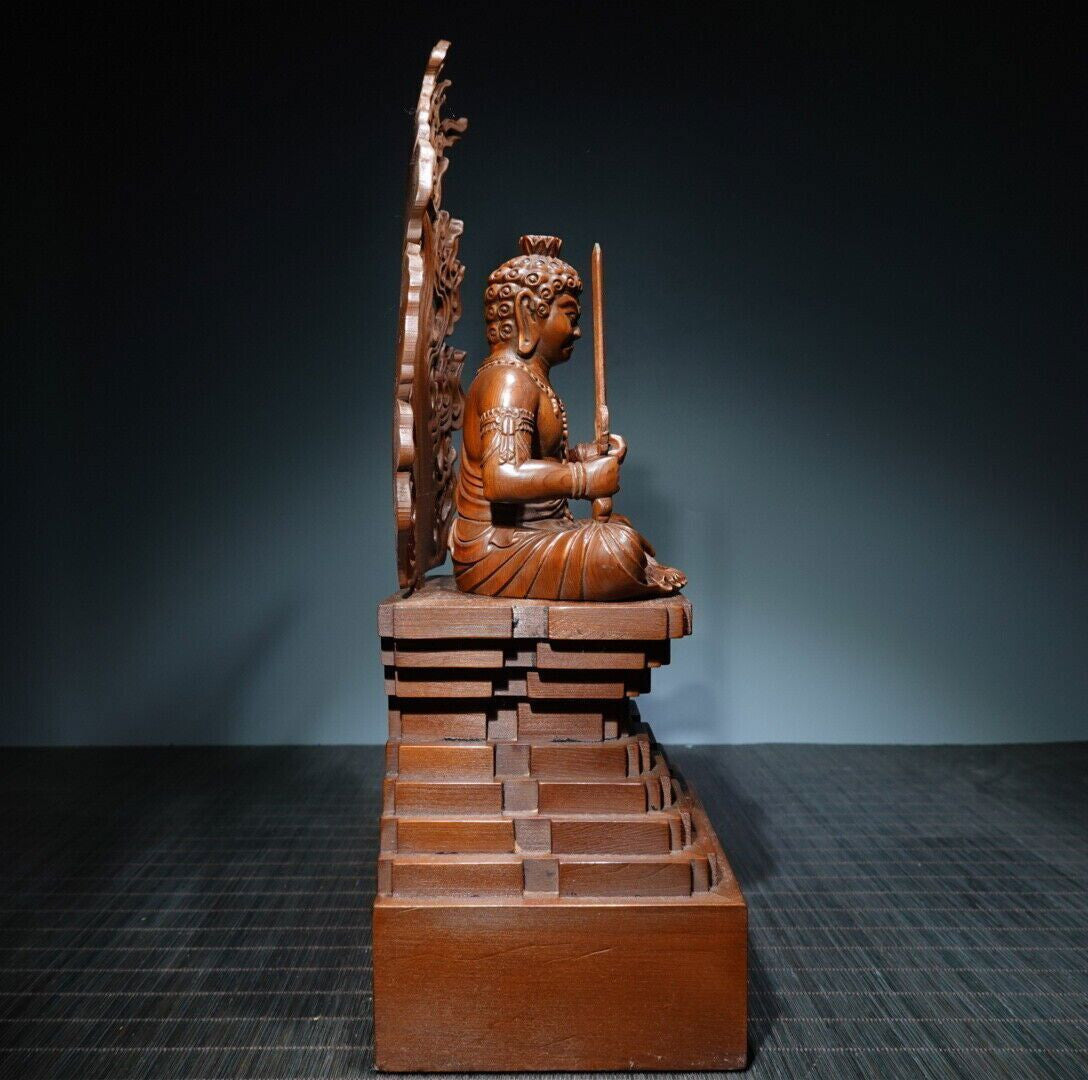 14" Collect Chinese Box-wood Carving Fudo Myo-o Acalanatha Statue