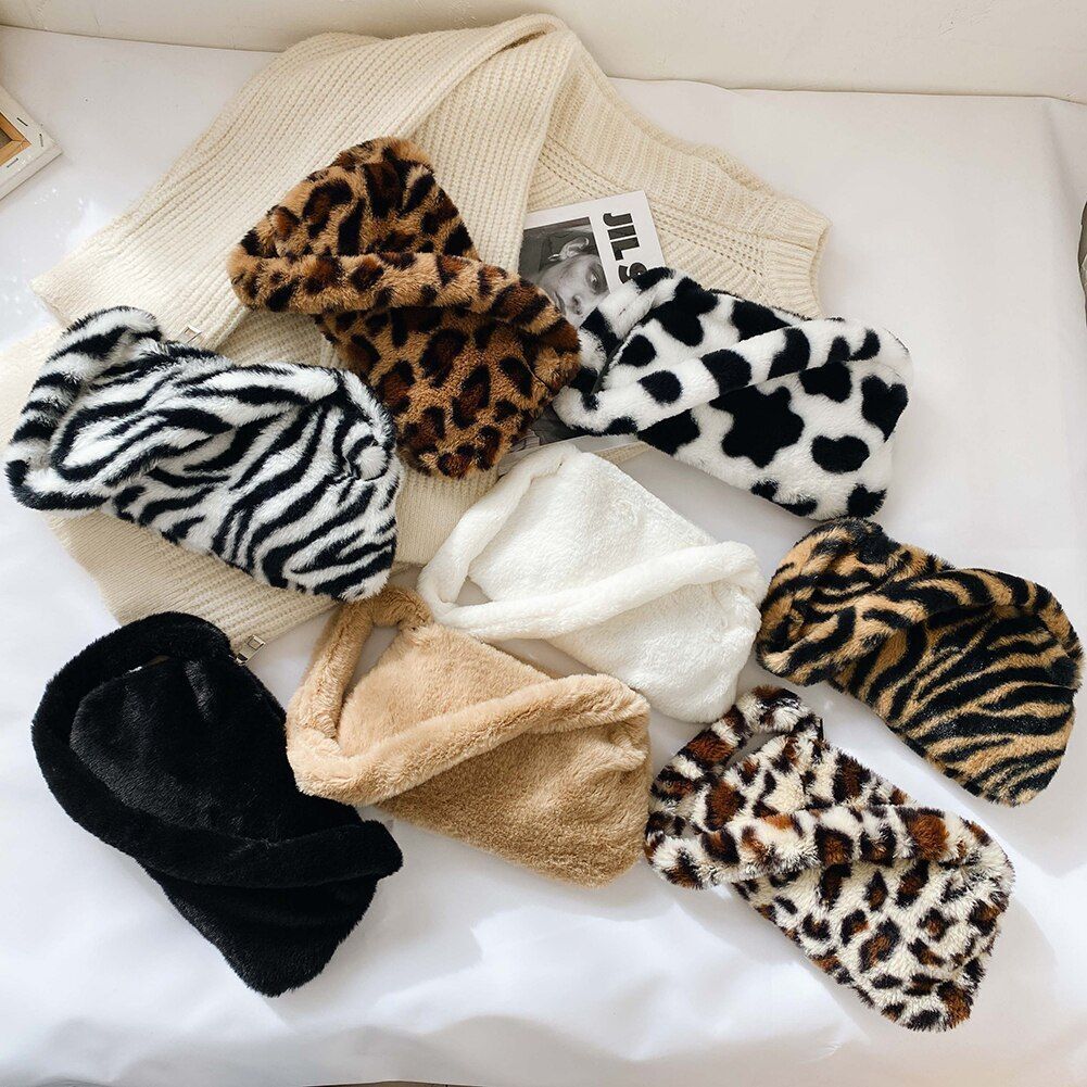 Bag Plush Animal Print Shopper Purse Handbag Shoulder Underarm Bag 250*140*30mm