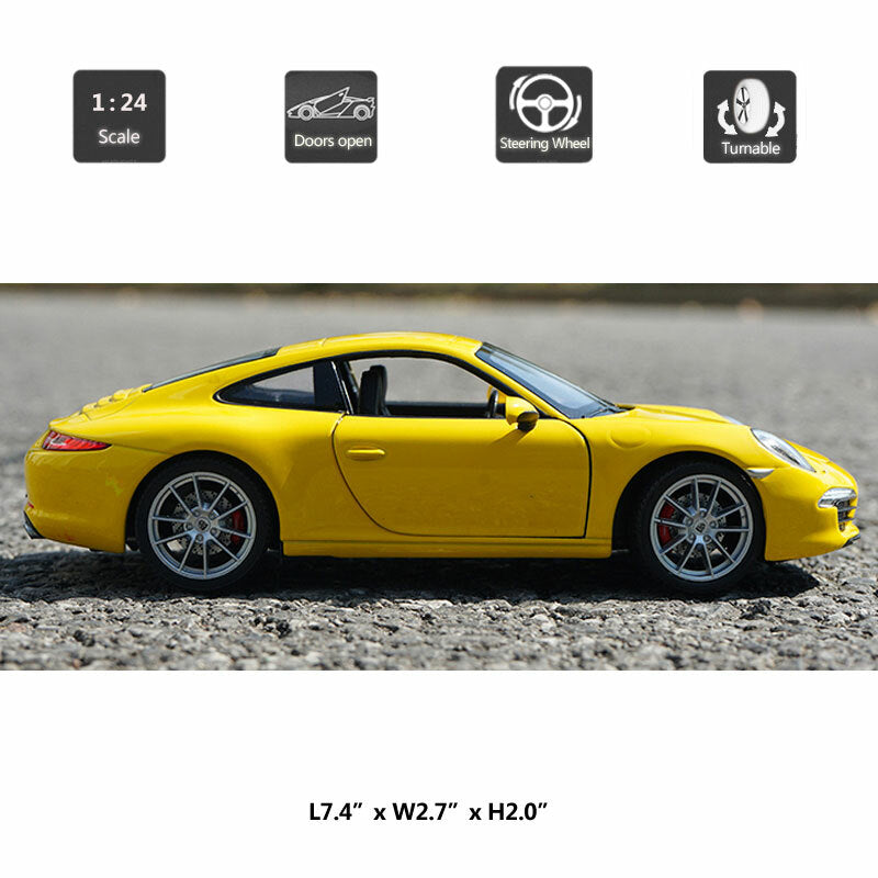 1/24 Scale Porsche 911 Carrera S Model Car Diecast Collection for Mens Yellow