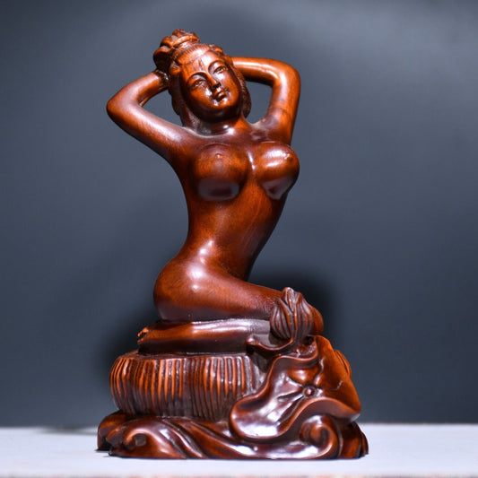 Vintage Chinese Wooden Carving Sexy Beautiful Woman Statue Wood Sculpture Decor
