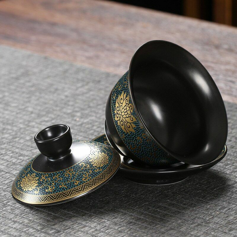 Chinese Tea Set Classical Gaiwan Cup Black Clay 180ml Traditional Handmade Bowl