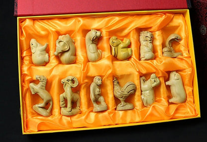 12 Pcs Boxwood Carved Chinese Zodiac Year Netsuke Figurines Statues Animals Gift