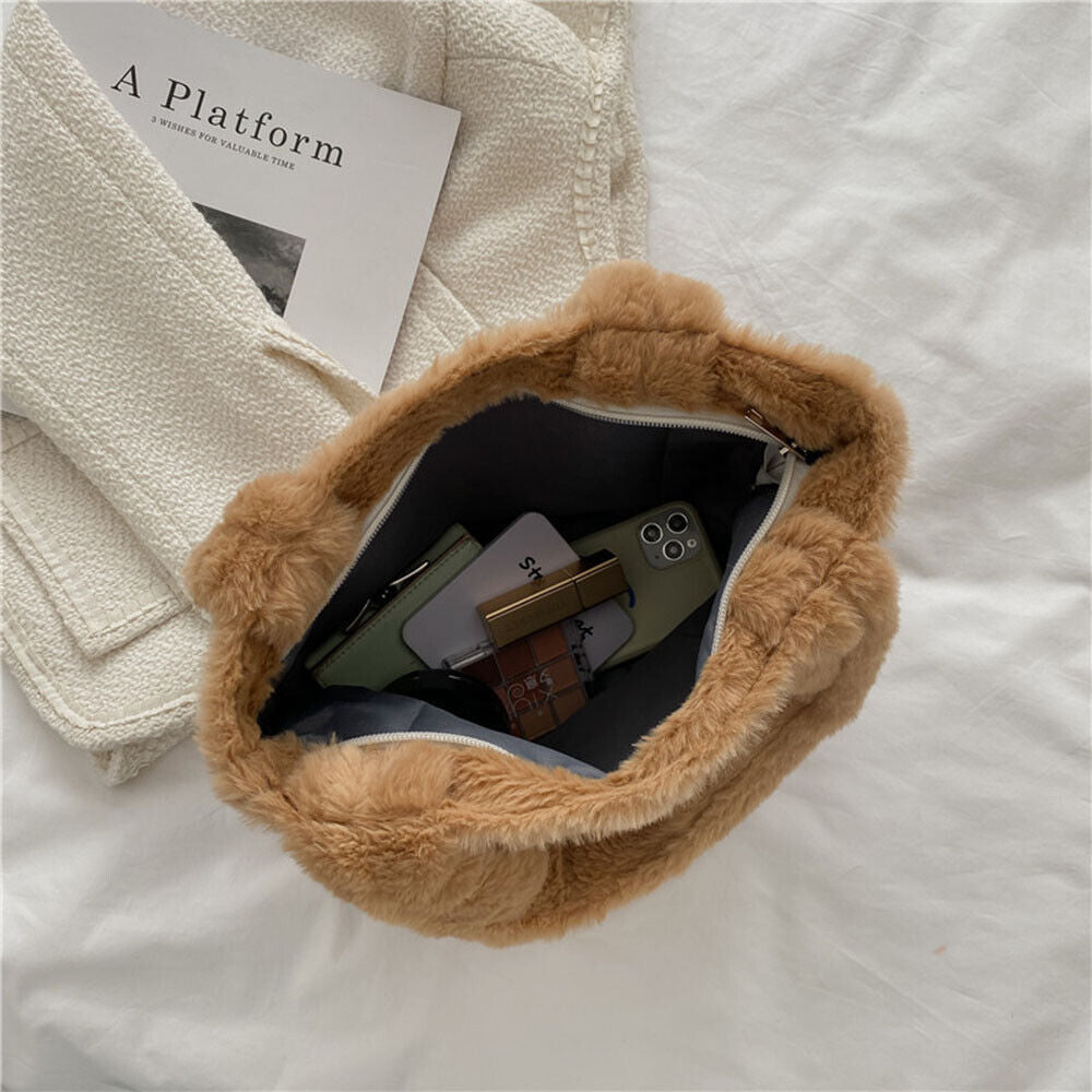 Large Capacity Handbag Fluffy Underarm Bag Plush Women Bag Soft Tote Bag DIY