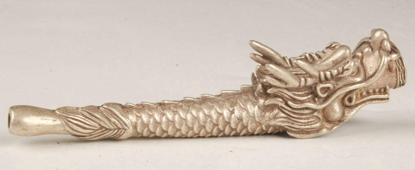 Old Chinese Tibet silver hand-carved dragon smoking pipe f416