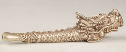 Old Chinese Tibet silver hand-carved dragon smoking pipe f416