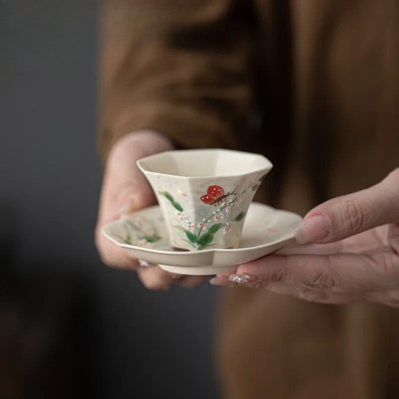 Hand Drawn Orchid Butterfly Octagonal Teacup Tea Bowl Meditation Cup Saucer Kit