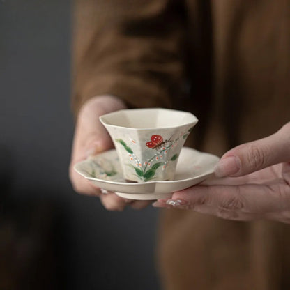 Hand Drawn Orchid Butterfly Octagonal Teacup Tea Bowl Meditation Cup Saucer Kit