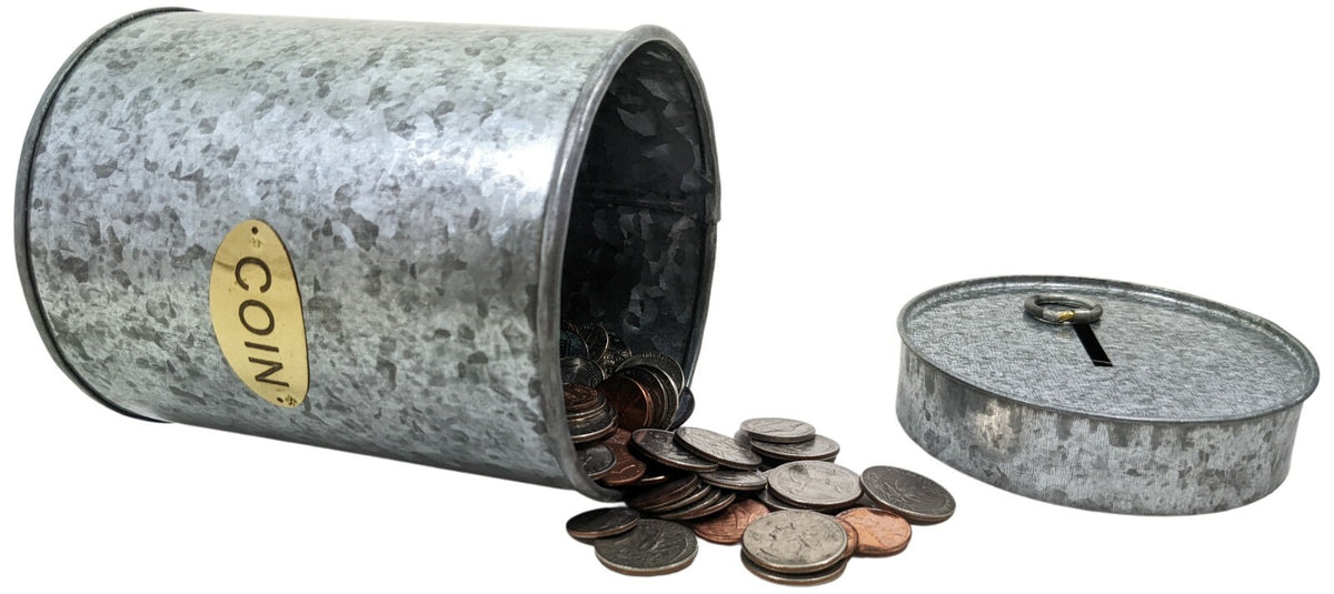 Galvanized Coin Can with Coin Slot and Removable Lid, Silver Farmhouse Piggybank