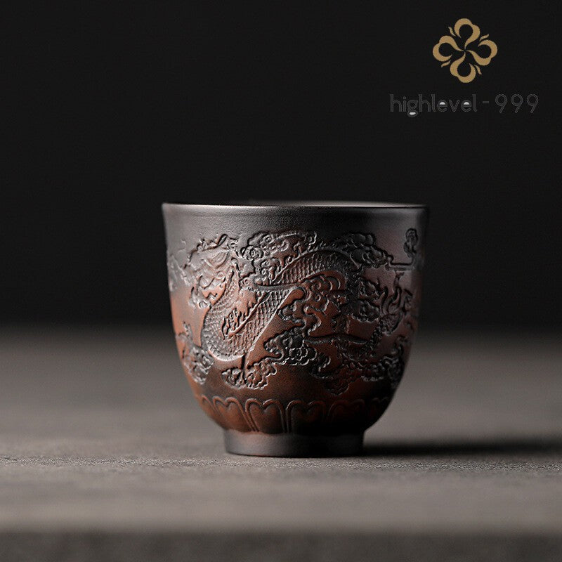 handmade tea cup yixing zisha purple pottery kungfu tea cup dragon pheonix carve