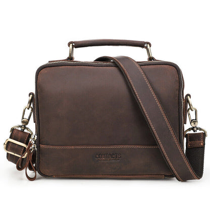 Crazy Horse Leather Men's Sling Shoulder/Messenger Bag Double Zipper 10" Handbag