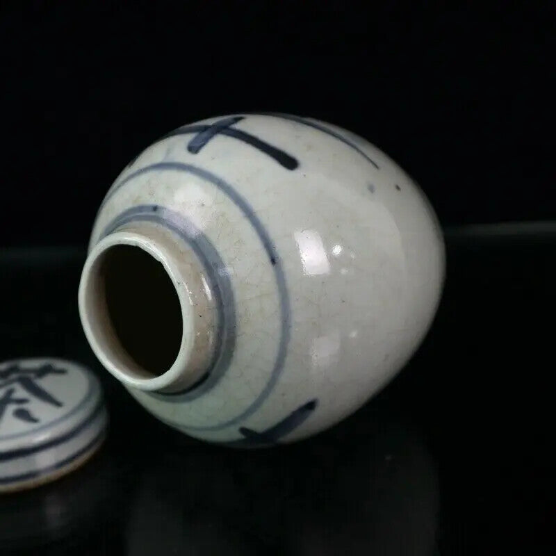Chinese Old Porcelain Cracked Glaze Open Blue and White Tea Pattern Lid Jar