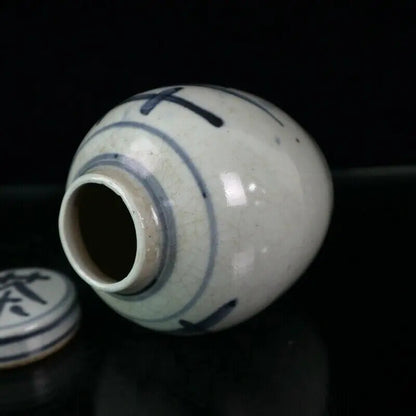 Chinese Old Porcelain Cracked Glaze Open Blue and White Tea Pattern Lid Jar