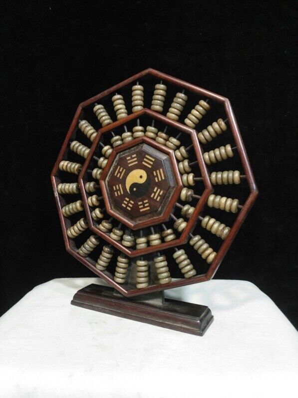 23cm Old Chinese hongtan Wood Tai Ji Ba Gua Counting Frame Lucky Abacus statue