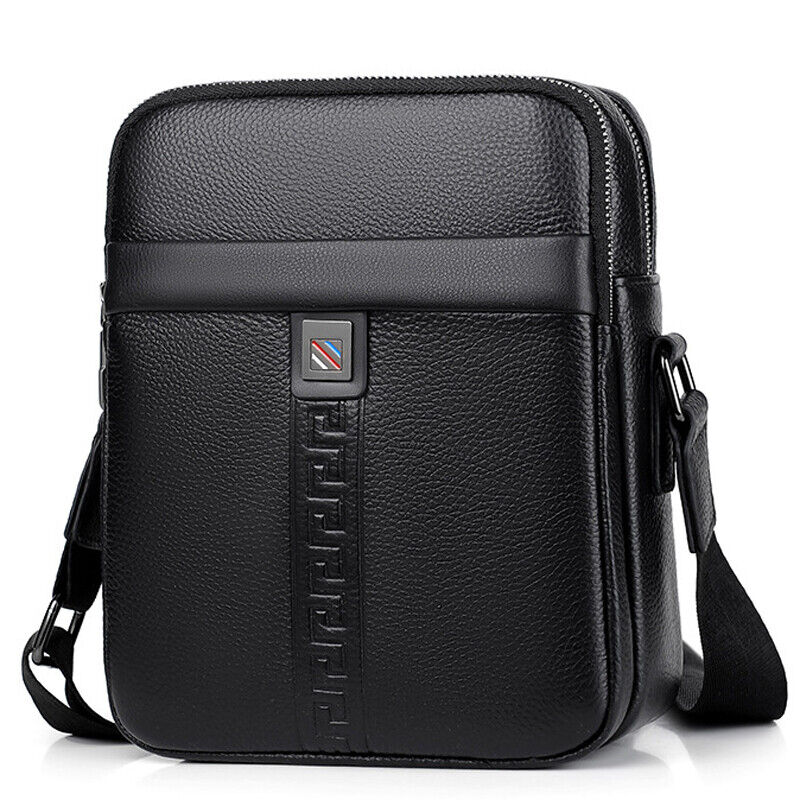 100% Genuine Leather Men's Double Zipper Sling Shoulder Messenger Bag Crossbody