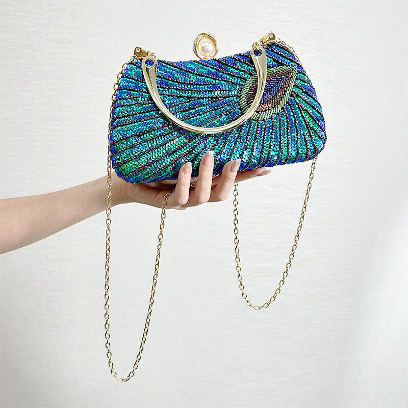 New Vintage Dress Bag Hand Peacock Feather Sequin Bag Prom Evening Bag
