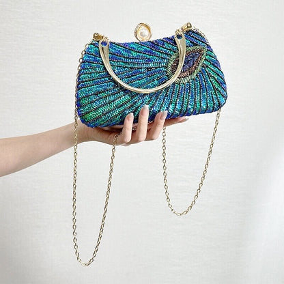 New Vintage Dress Bag Hand Peacock Feather Sequin Bag Prom Evening Bag