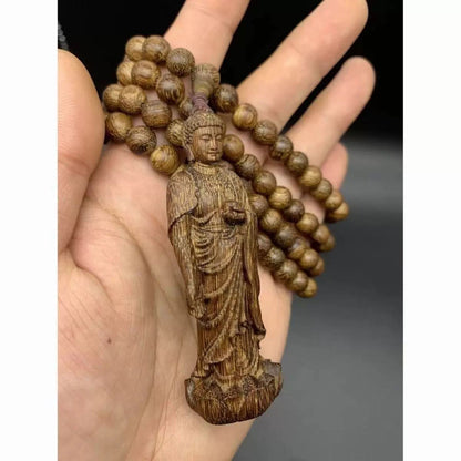 Wood Carved Amithabha Buddha Pendant Mala Beads Lucky Protection Necklace