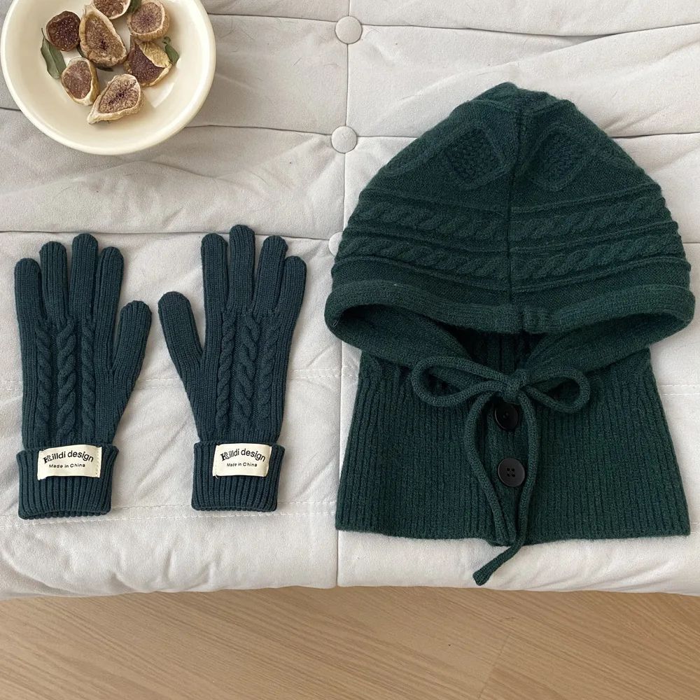 Women Winter Knitted Hat Gloves Set Warm Thicken Imitation Cashmere Scarf Shawls