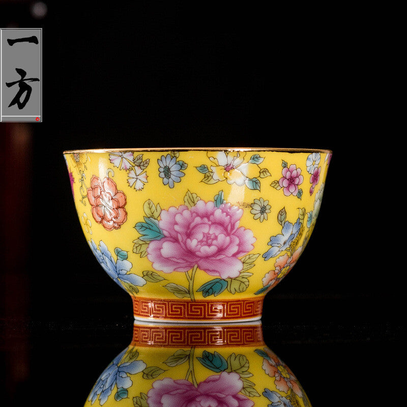 One Cup Color Enamel Craft Porcelain Tea Cup On Sales Peony Flower Print 85ml