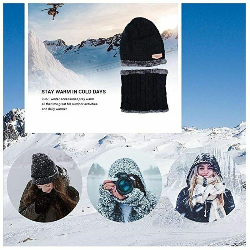 Winter Beanie Hat Scarf Set Soft Fleece Inner Lining Stretchy Knit Cap Elastic