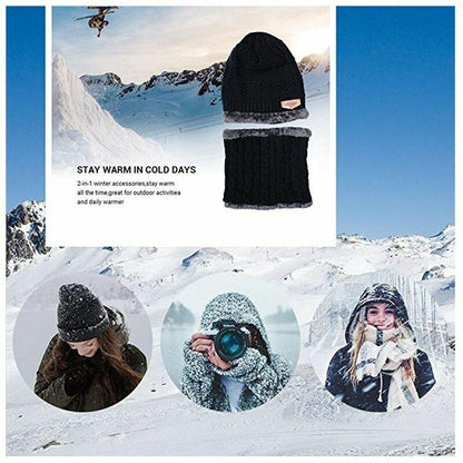 Winter Beanie Hat Scarf Set Soft Fleece Inner Lining Stretchy Knit Cap Elastic