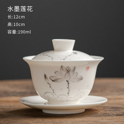 Hand Drawn Mutton-fat Jade Tea Bowl White Porcelain San Cai Gaiwan Tea Set