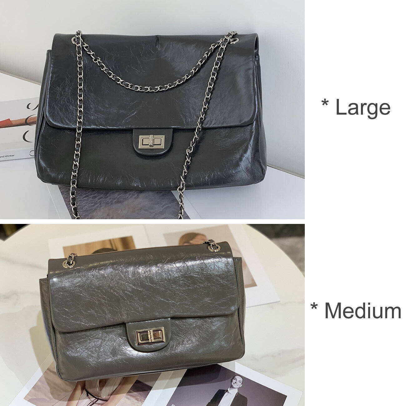 Shiny Real Leather Small Flap Shoulder Bag Purse Double Chains Crossbody Handbag